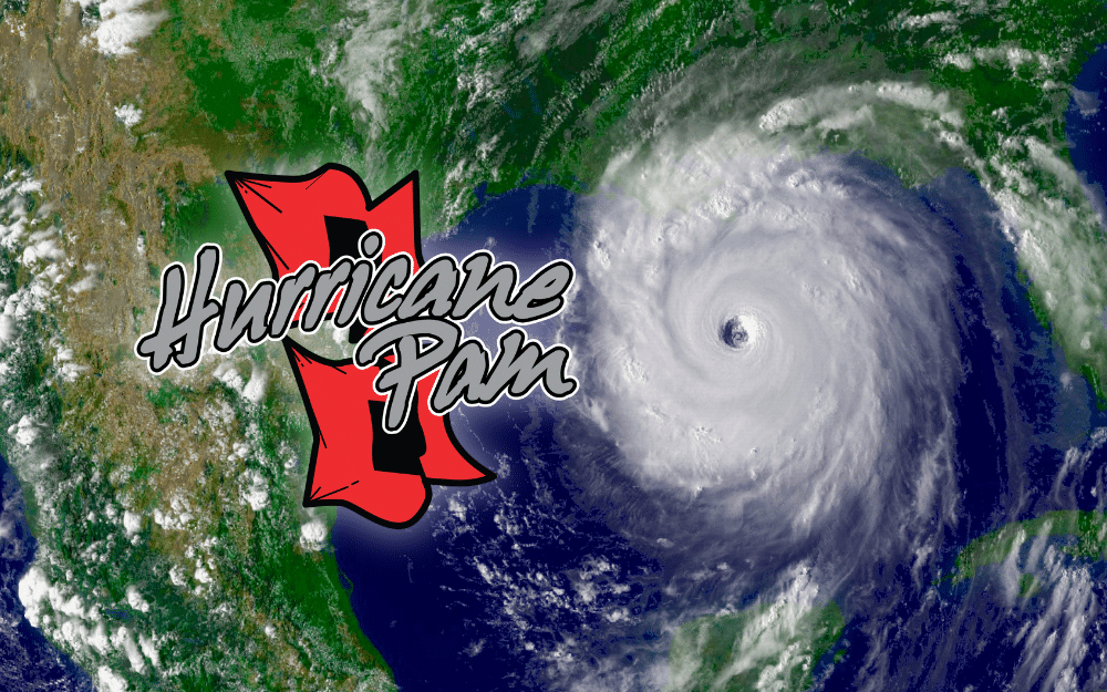 A satellite image of hurricane Katrina over Louisiana, and the Hurricane Pam logo in the foreground