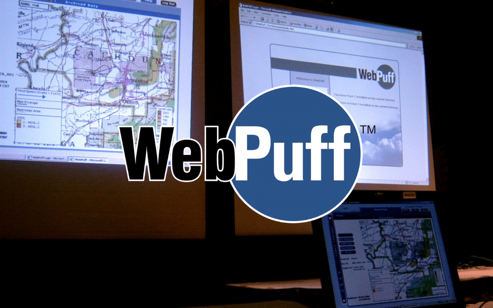 Screens with GIS and mapping technology, with the WebPuff logo in the foreground